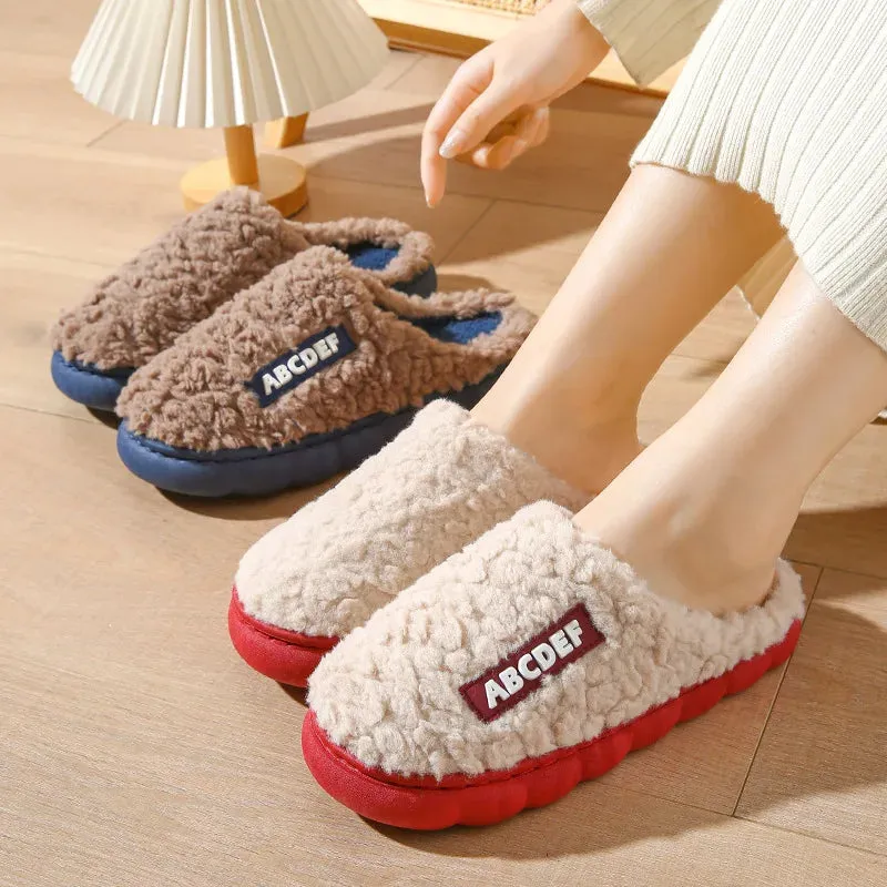 Women Men Plush Slippers Soft Cotton Slippers Shoes Fashion Color Contrast Non-Slip Floor Indoor Flop Slips Bedroom Warm Winter