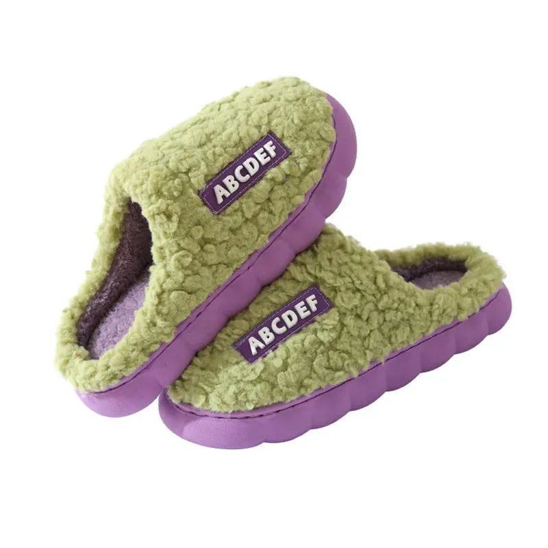 Women Men Plush Slippers Soft Cotton Slippers Shoes Fashion Color Contrast Non-Slip Floor Indoor Flop Slips Bedroom Warm Winter