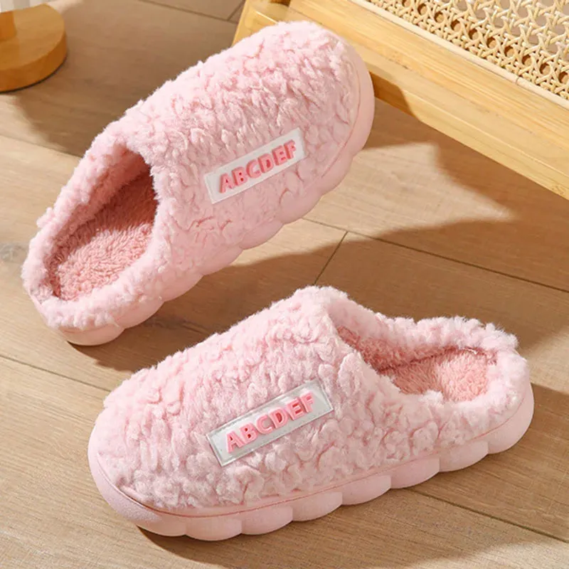 Women Men Plush Slippers Soft Cotton Slippers Shoes Fashion Color Contrast Non-Slip Floor Indoor Flop Slips Bedroom Warm Winter