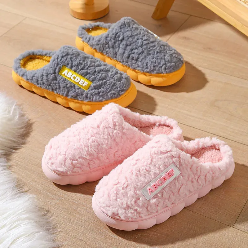 Women Men Plush Slippers Soft Cotton Slippers Shoes Fashion Color Contrast Non-Slip Floor Indoor Flop Slips Bedroom Warm Winter