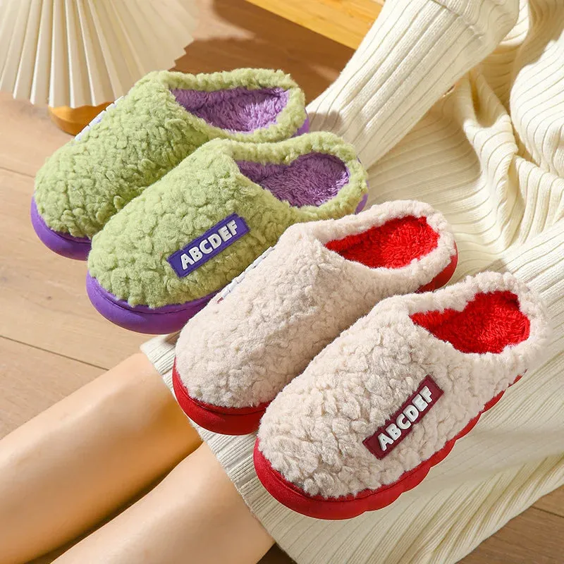 Women Men Plush Slippers Soft Cotton Slippers Shoes Fashion Color Contrast Non-Slip Floor Indoor Flop Slips Bedroom Warm Winter