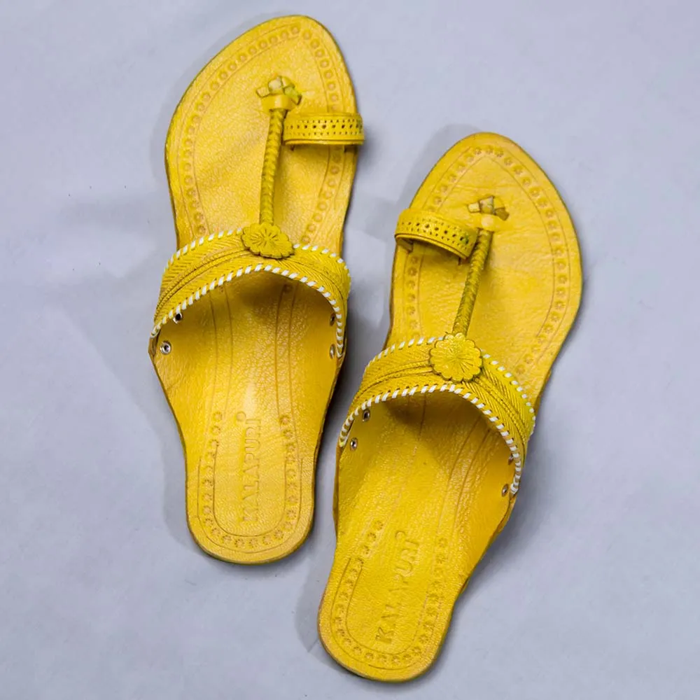 Yellow - Women Floral Delight: Flower Punch Kolhapuri Leather Slippers