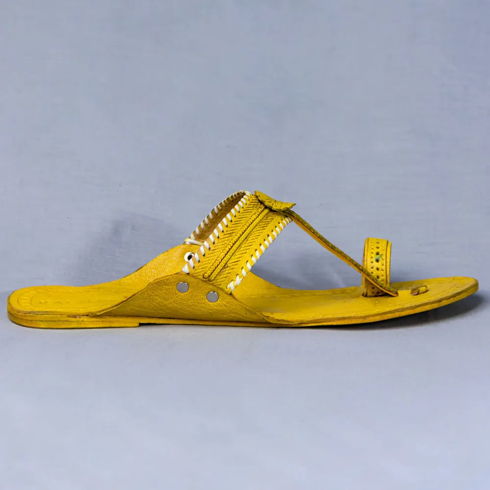 Yellow - Women Floral Delight: Flower Punch Kolhapuri Leather Slippers