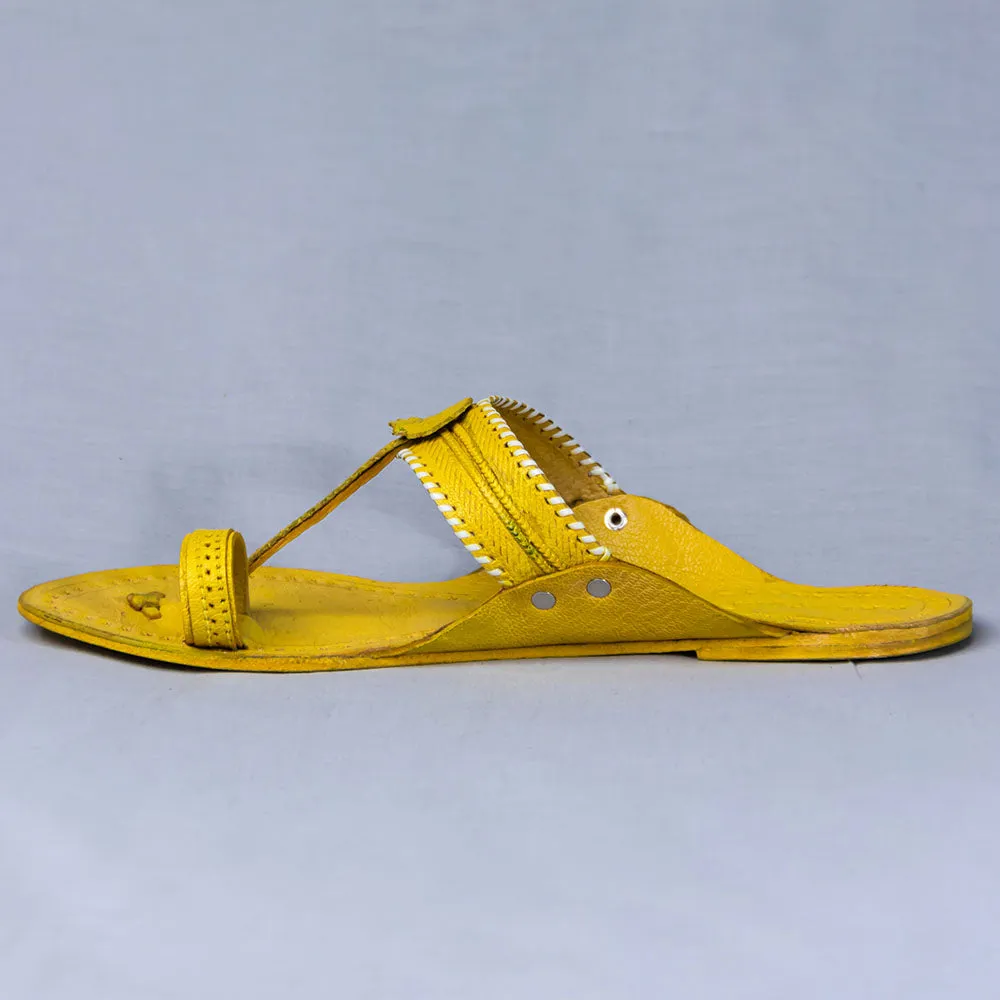 Yellow - Women Floral Delight: Flower Punch Kolhapuri Leather Slippers