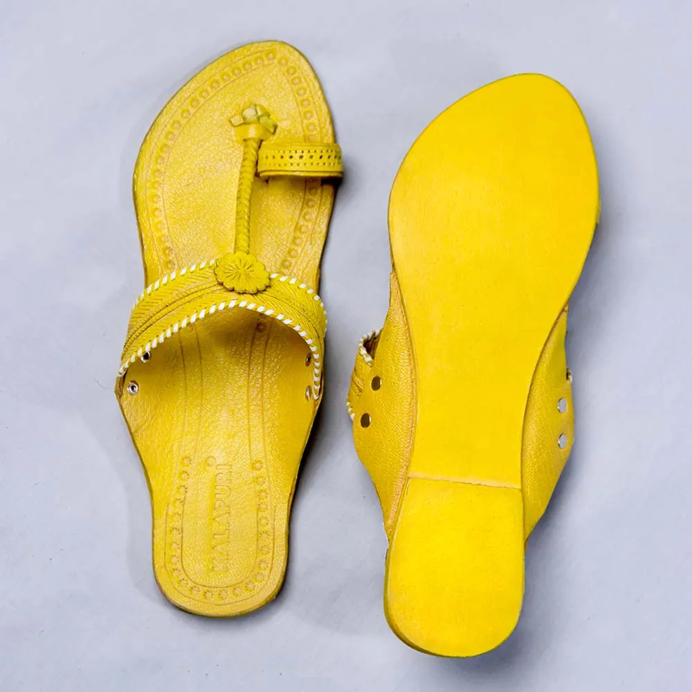 Yellow - Women Floral Delight: Flower Punch Kolhapuri Leather Slippers