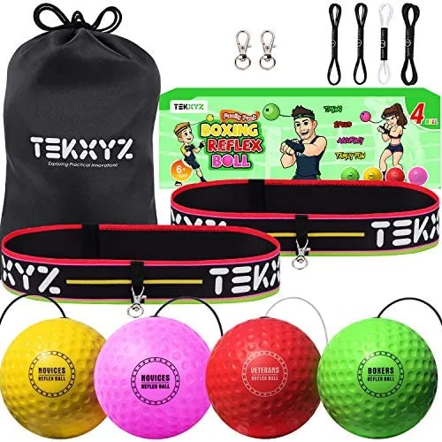 YMX BOXING Reflex Ball Set - 4 React Reflex Ball Plus 2 Adjustable Headband, Great for Reflex, Timing, Accuracy, Focus and Hand Eye Coordination Training of Boxing